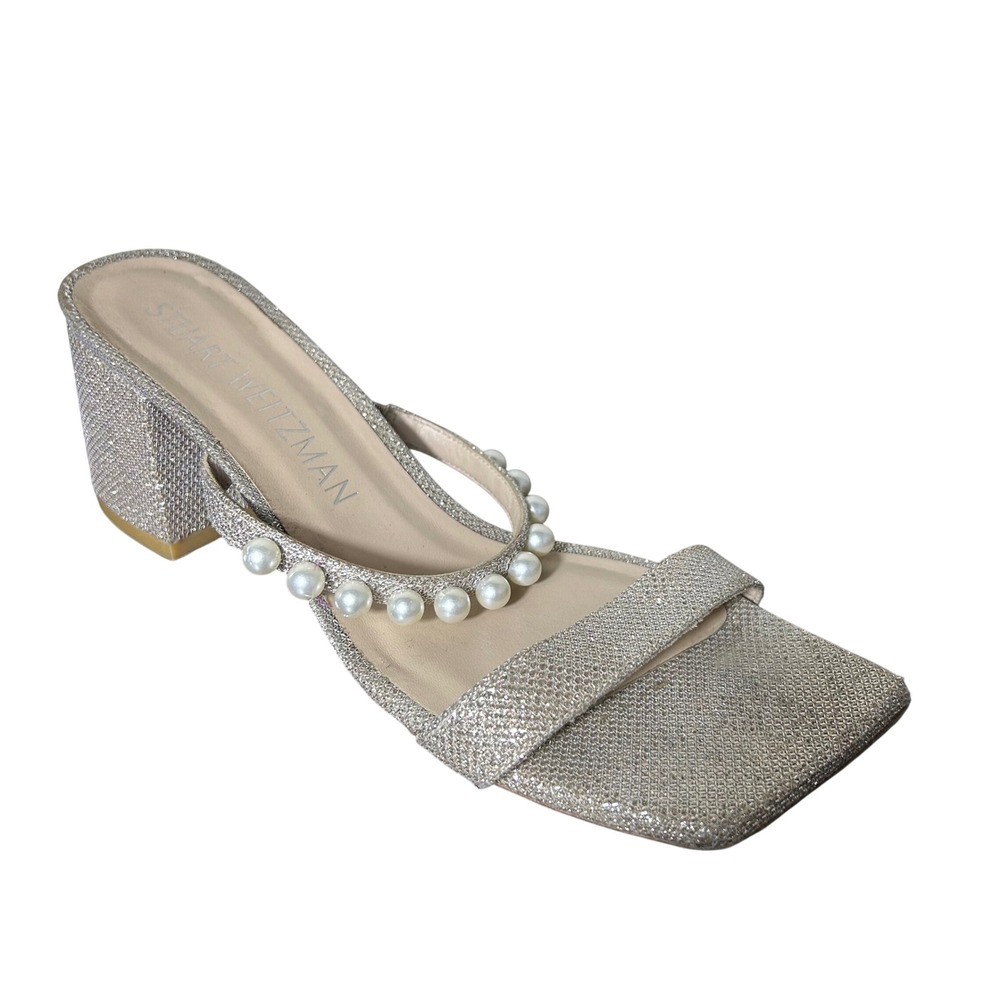 Stuart Weitzman Sandals Sz 11 Goldie 60 Pearl Glitter Block Slide Champagne Gold